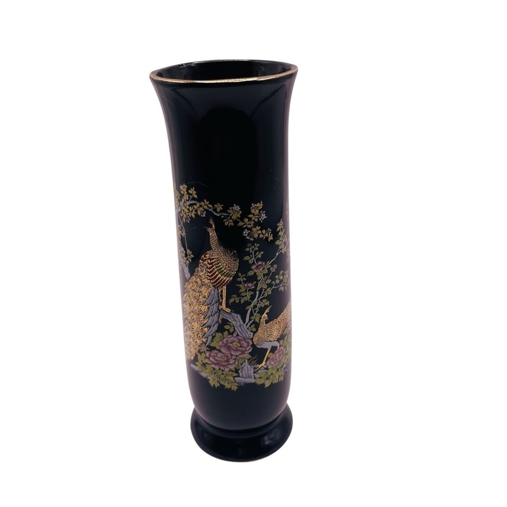 Vintage Otagiri Japan Peacock Crown Iris Black Gold Ceramic Bud Vase 6.5 In - Picture 6 of 13